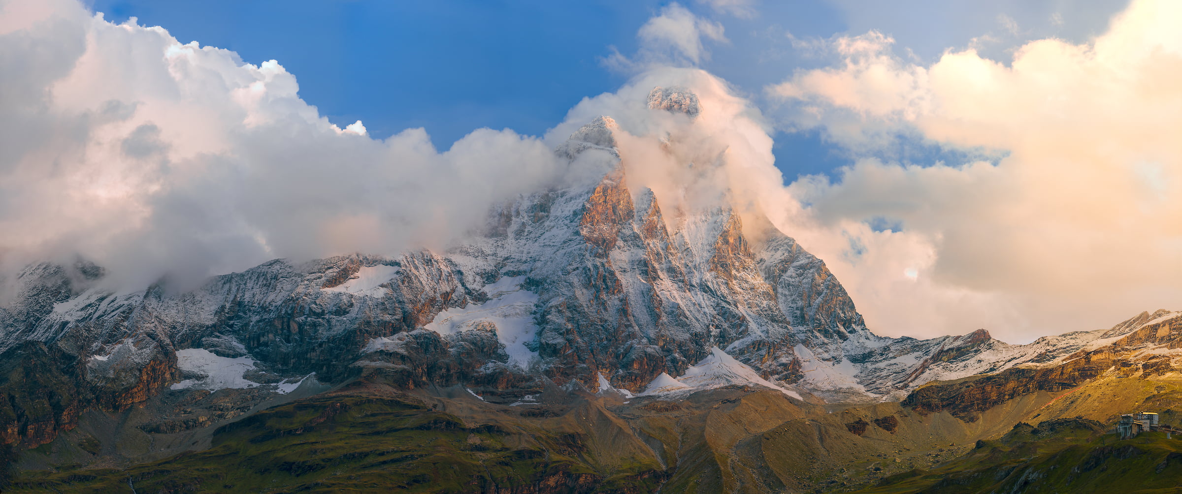 1,371 megapixels! A very high resolution, large-format VAST photo print of the Matterhorn mountain with clouds on the summit at sunset; landscape photograph created by Ennio Pozzetti in Breuil-Cervinia, Valle d'Aosta, Italy