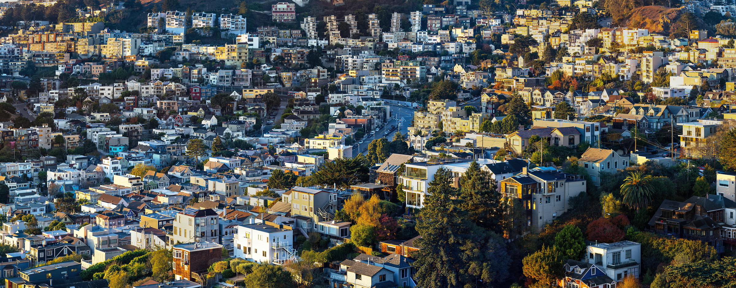 1,587 megapixels! A very high resolution, large-format VAST photo print of houses on a hillside at sunrise in Corona Heights, San Francisco; cityscape photograph created by Nicholas Gonzales.