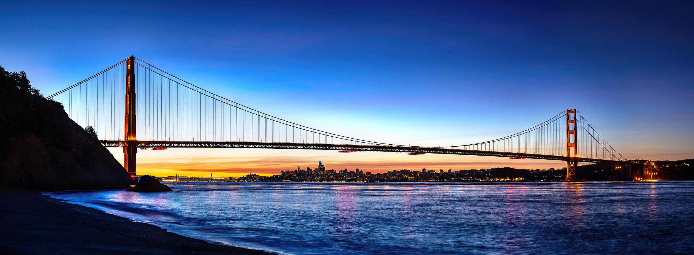 271 megapixels! A very high resolution, large-format VAST photo print of the Golden Gate Bridge at sunset; panorama photograph created by Nicholas Gonzales in Kirby Cove, Mill Valley, California.