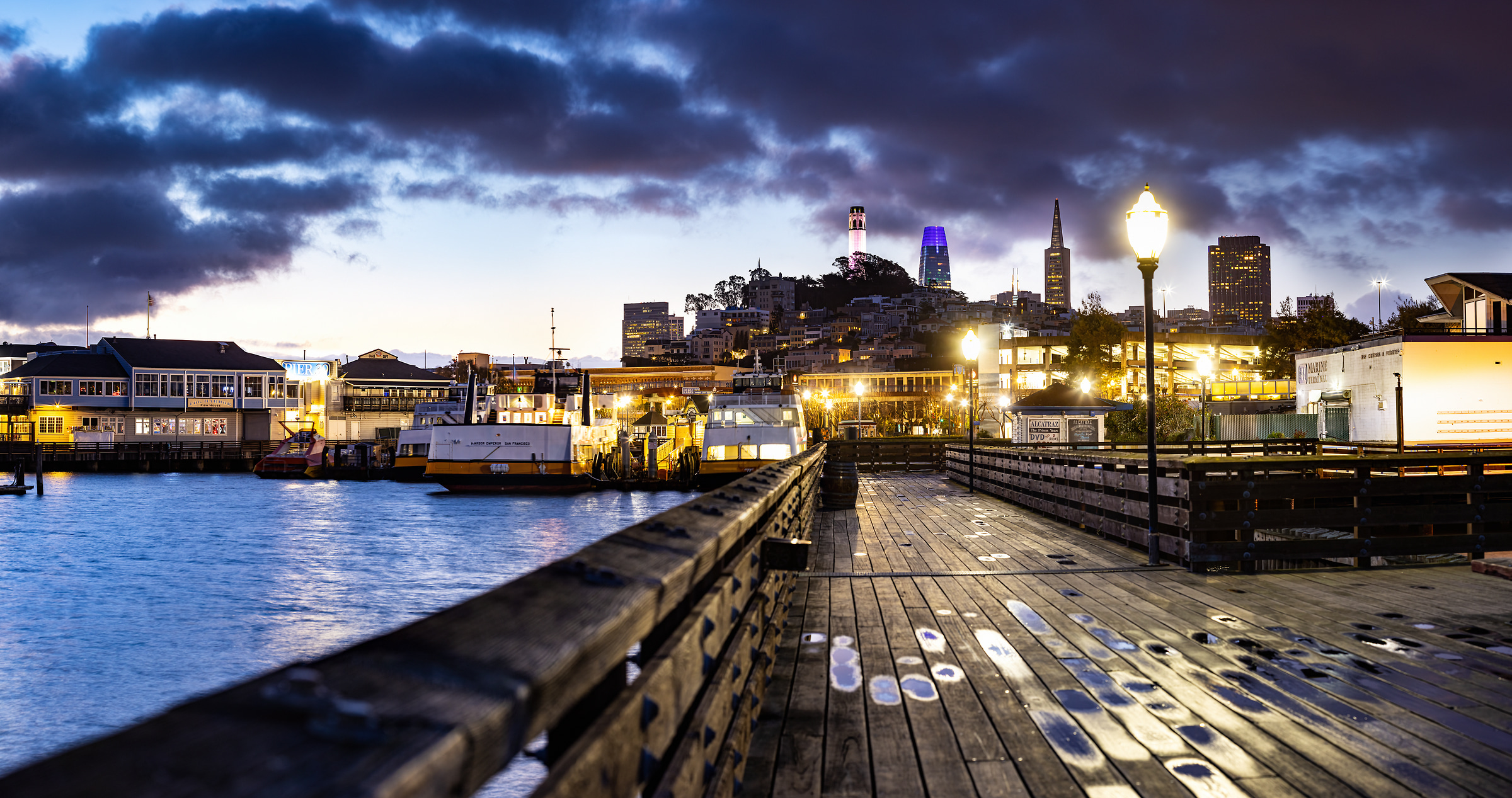225 megapixels! A very high resolution, large-format VAST photo print of a pier in San Francisco at sunrise; photograph created by Nicholas Gonzales in Pier 41, San Francisco, California.
