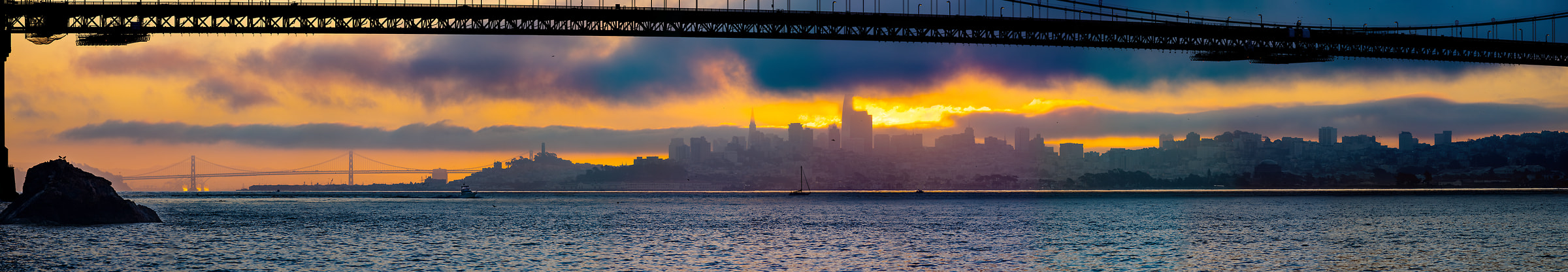 472 megapixels! A very high resolution, wide VAST photo print of sunrise and the San Francisco skyline; panorama photograph created by Nicholas Gonzales in Kirby Cove, Milly Valley, California.