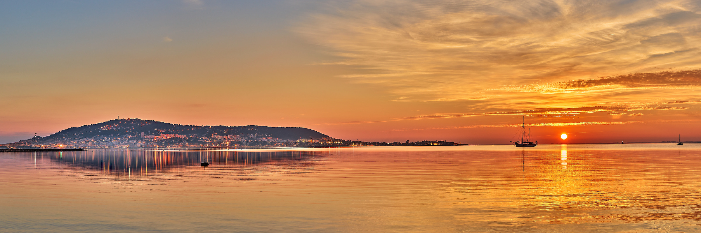 127 megapixels! A very high resolution, large-format VAST photo print of a sailboat on the water in front of a beautiful sunset; photograph created by David Meaux in l'Étang de Thau, Balaruc-les-Bains, l'Hérault, France.