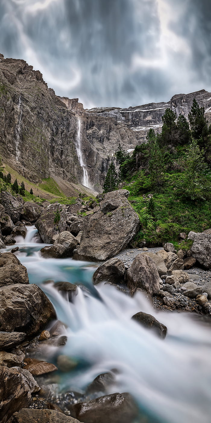 101 megapixels! A very high resolution, large-format VAST photo print of a vertical nature scene with a stream, mountain, trees, and a waterfall; nature photograph created by David Meaux in Cirque de Gavarnie, Gavarnie, Hautes-Pyrénées, France.