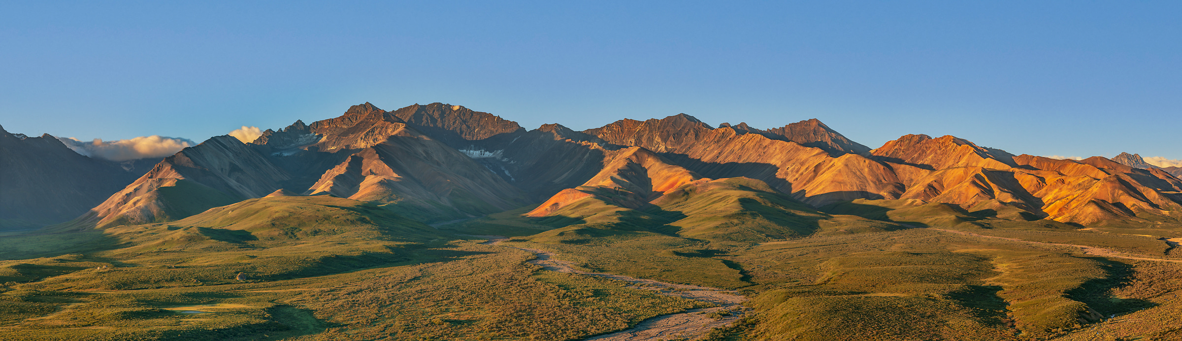 549 megapixels! A very high resolution, large-format VAST photo print of hills and a mountain ridgeline at sunrise; landscape photograph created by John Freeman in Polychrome Overlook, Denali National Park, Alaska.