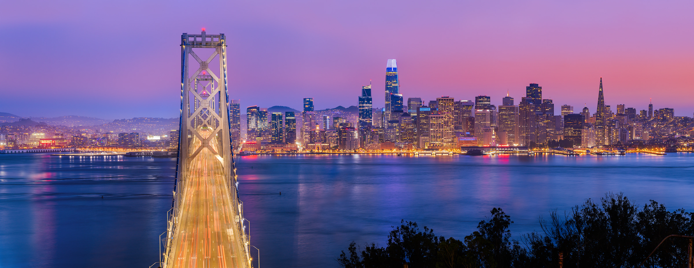 262 megapixels! A very high resolution, large-format VAST photo print of the San Francisco skyline and the San Francisco Bay Bridge at sunset; cityscape photograph created by Chris Blake in Treasure Island, San Francisco