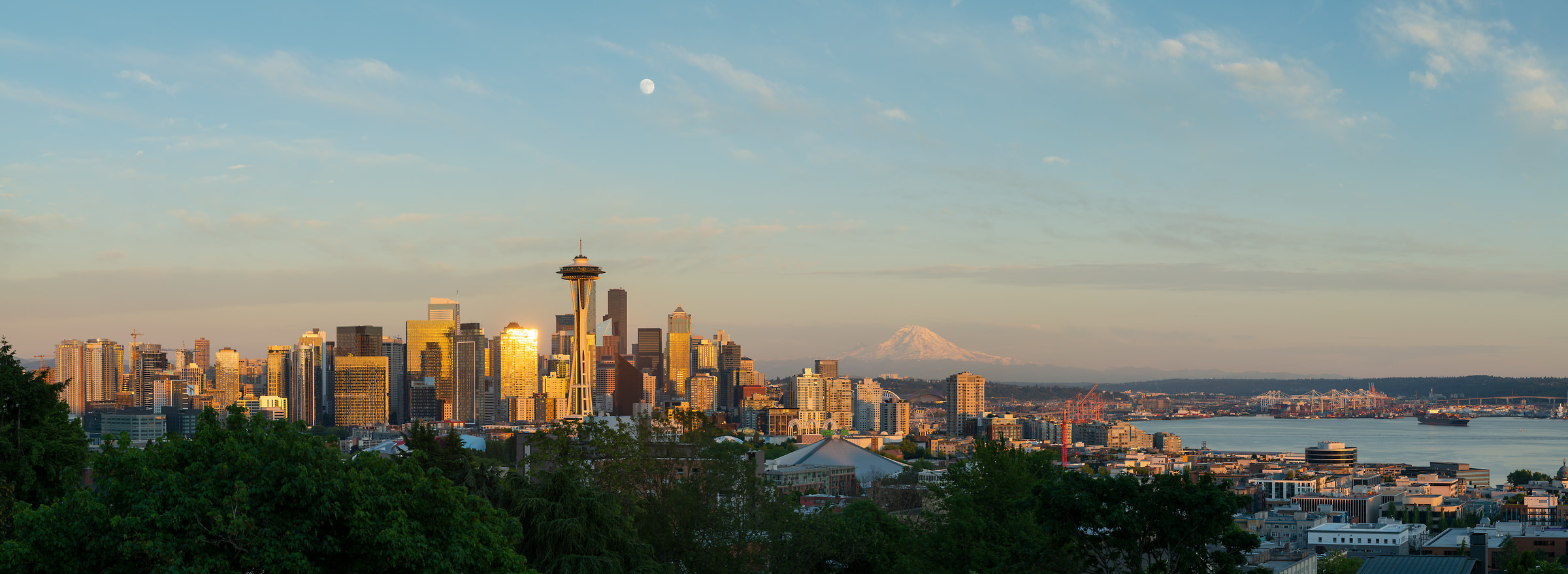 350 megapixels! A very high resolution, large-format VAST photo print of the Seattle skyline with Mt. Rainier and the moon in the background; cityscape photograph created by Greg Probst in Seattle, WA.