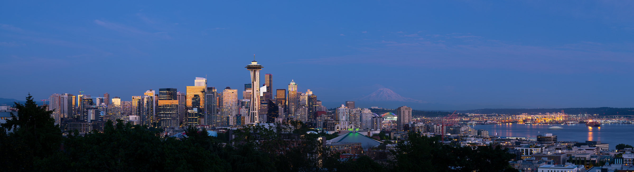 279 megapixels! A very high resolution, large-format VAST photo print of the Seattle skyline at dusk with Mt. Rainier in the background; wallpaper photograph created by Greg Probst in Kerry Park, Seattle, Washington