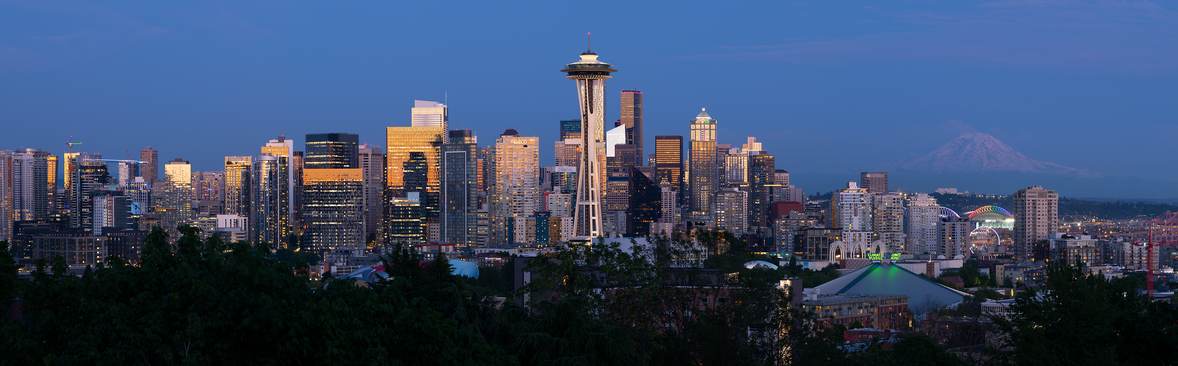 137 megapixels! A very high resolution, large-format VAST photo print of the Seattle skyline at dusk with Mt. Rainier in the background; cityscape photograph created by Greg Probst in Kerry Park, Seattle, Washington.