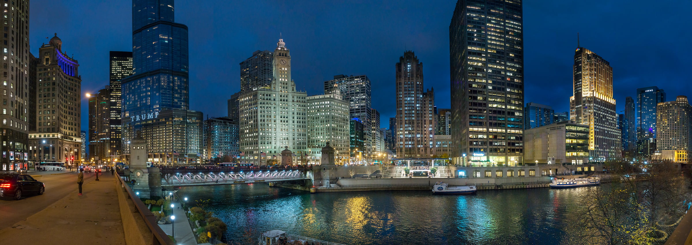 242 megapixels! A very high resolution, large-format VAST photo print of the Chicago River at night with the Chicago skyline; cityscape photograph created by Peter Rodger along the Chicago River in Chicago, Illinois.