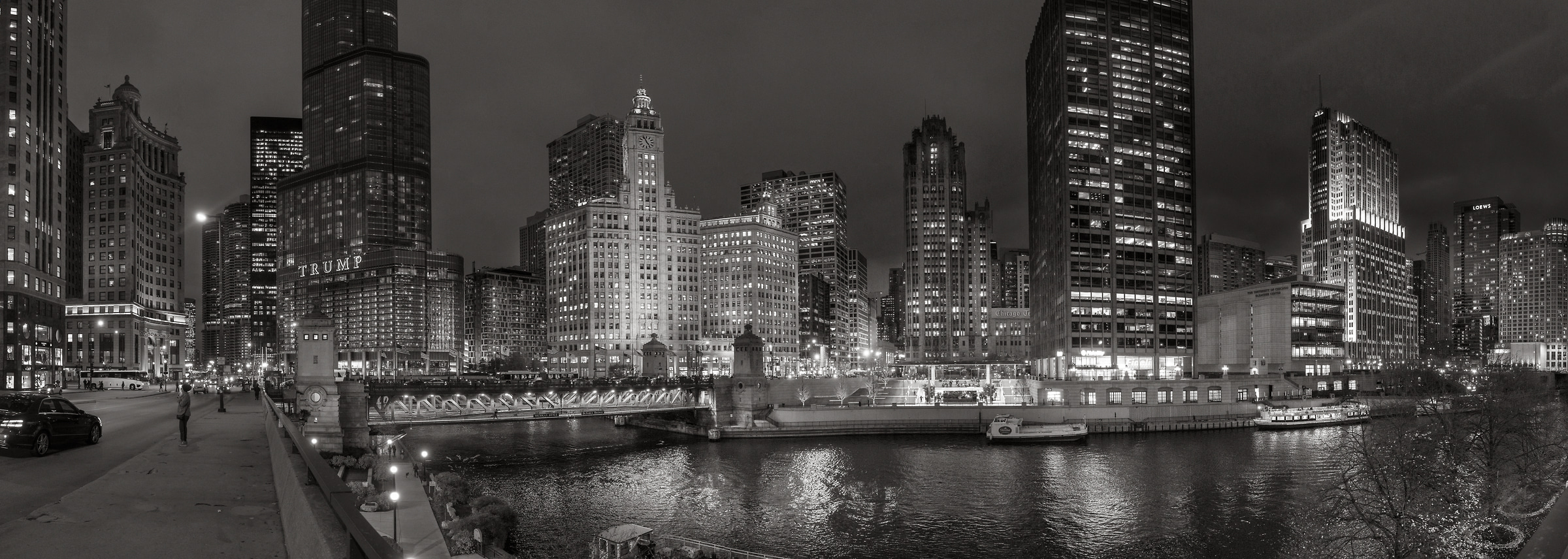 240 megapixels! A very high resolution, black & white VAST photo print of the Chicago River at night with the Chicago skyline; black & white cityscape photograph created by Peter Rodger in Chicago River, Michigan Avenue, Chicago