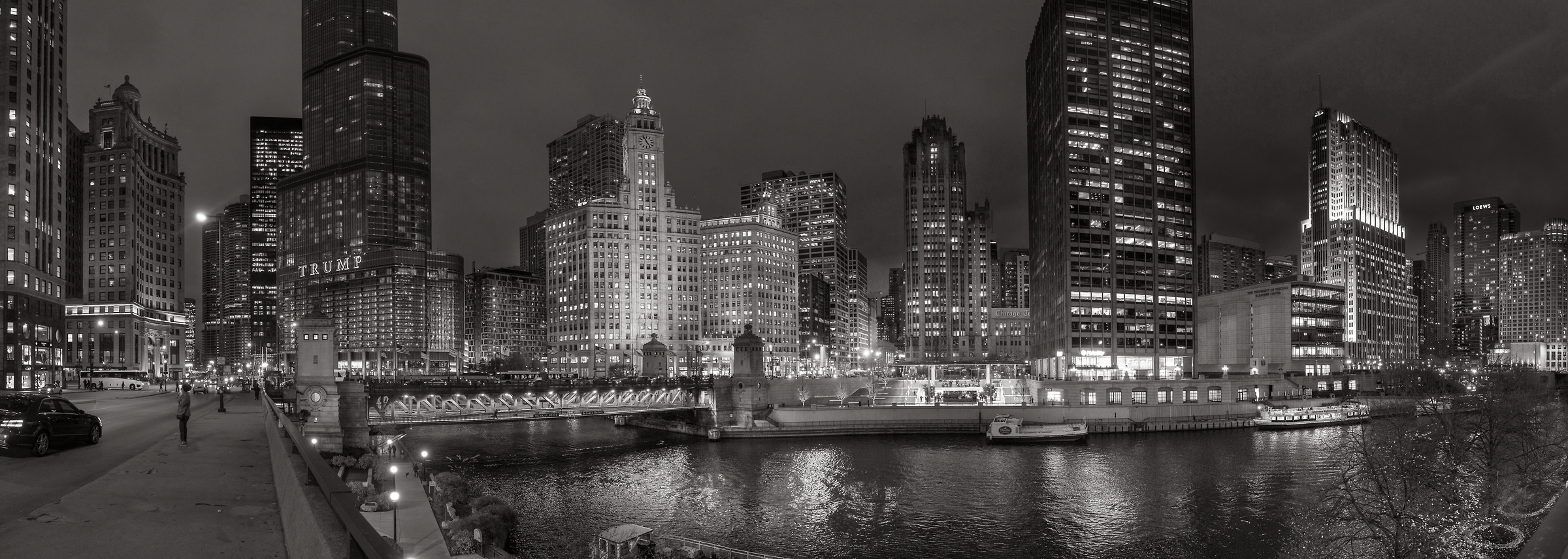 240 megapixels! A very high resolution, black & white VAST photo print of the Chicago River at night with the Chicago skyline; black & white cityscape photograph created by Peter Rodger along the Chicago River in Chicago, Illinois.