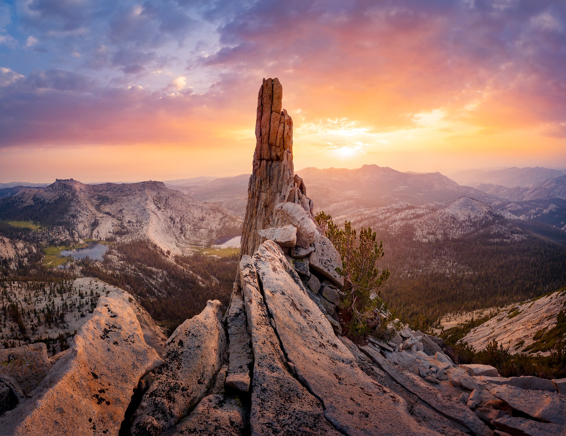 183 megapixels! A very high resolution, large-format VAST photo print of an inspirational scene with rock formation, sunset, mountains, lakes, and a valley; landscape photograph created by Jeff Lewis in Yosemite National Park, California.