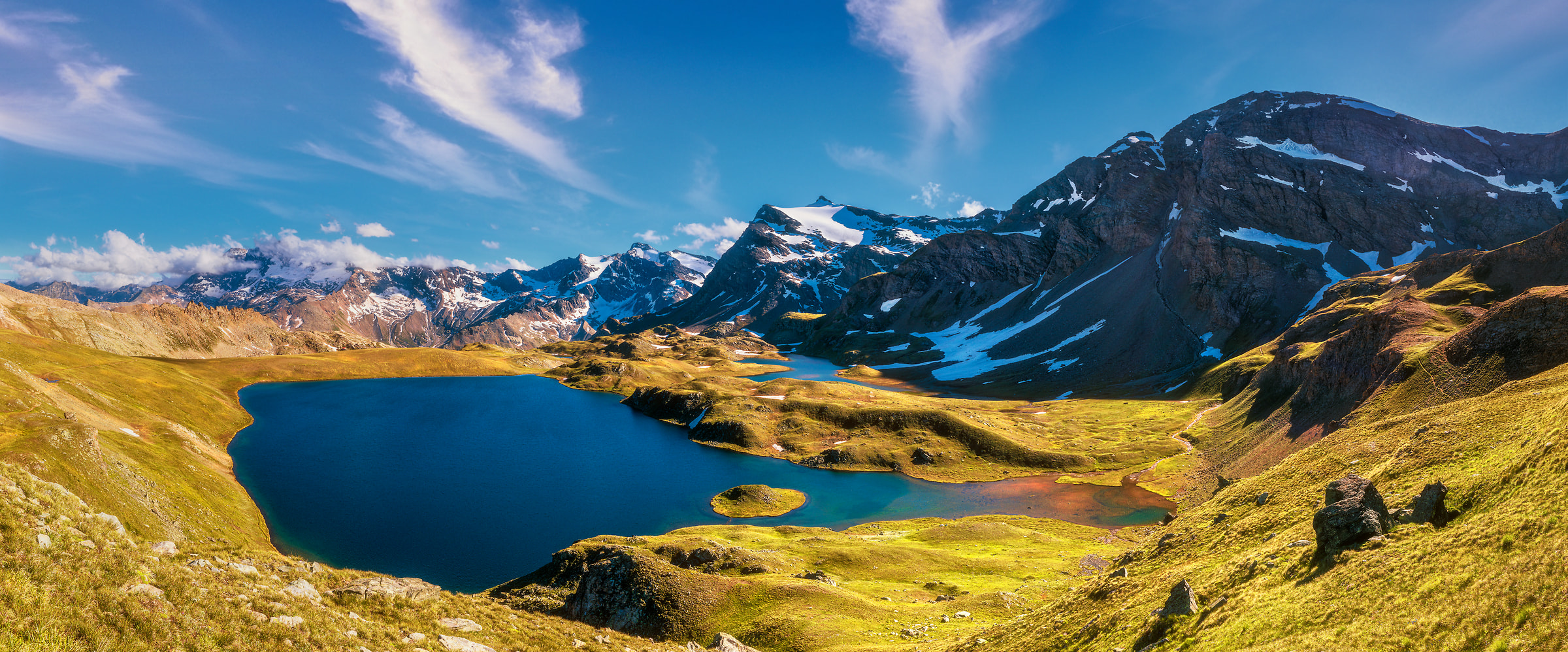 103 megapixels! A very high resolution, large-format VAST photograph of an alpine lake with mountains and a blue sky with clouds; landscape photograph created by Duilio Fiorille in Gran Paradiso National Park, Ceresole Reale, Piedmont, Italy.