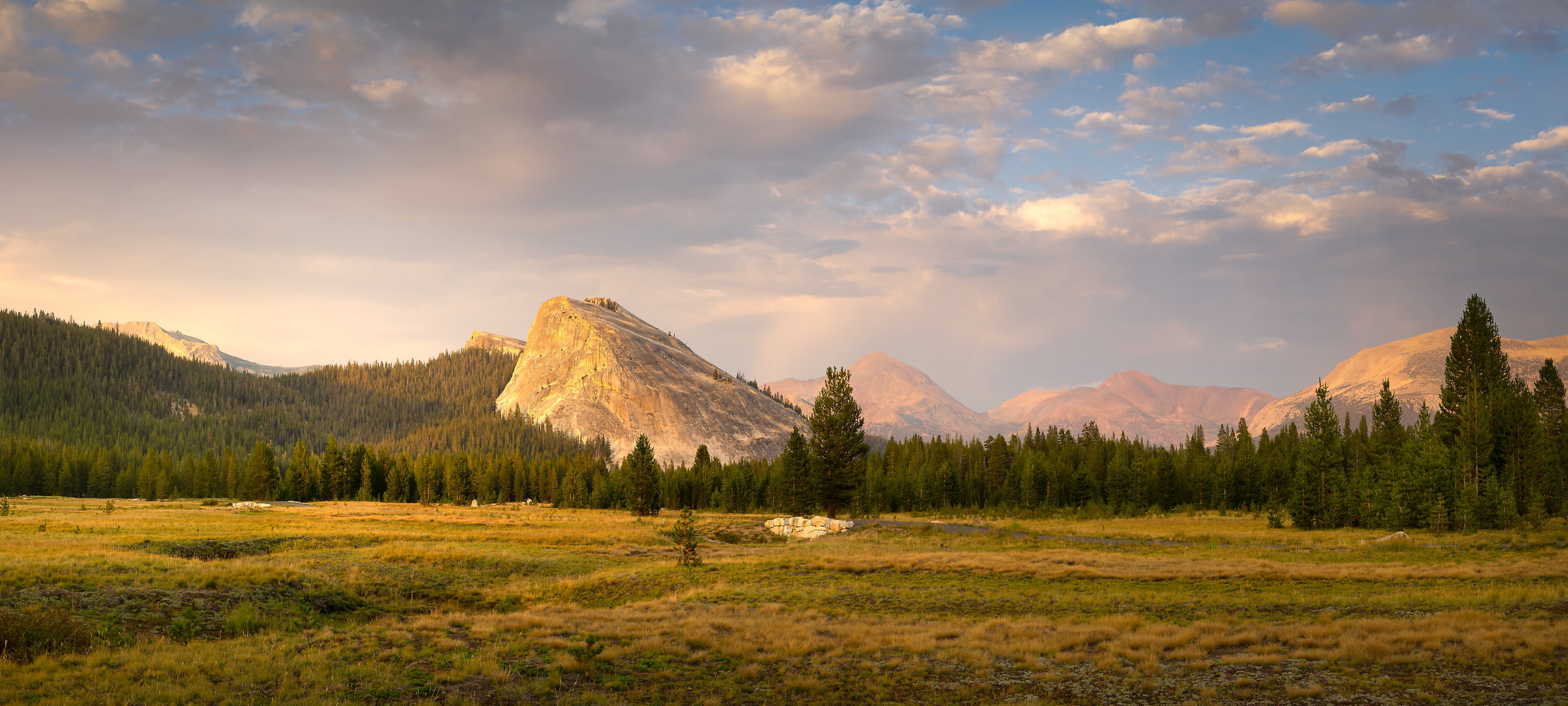 232 megapixels! A very high resolution, large-format VAST photo print of a landscape scene with a meadow, mountains, sky, and sunset; landscape photograph created by Jeff Lewis in Tuolumne Meadows, Yosemite National Park, California