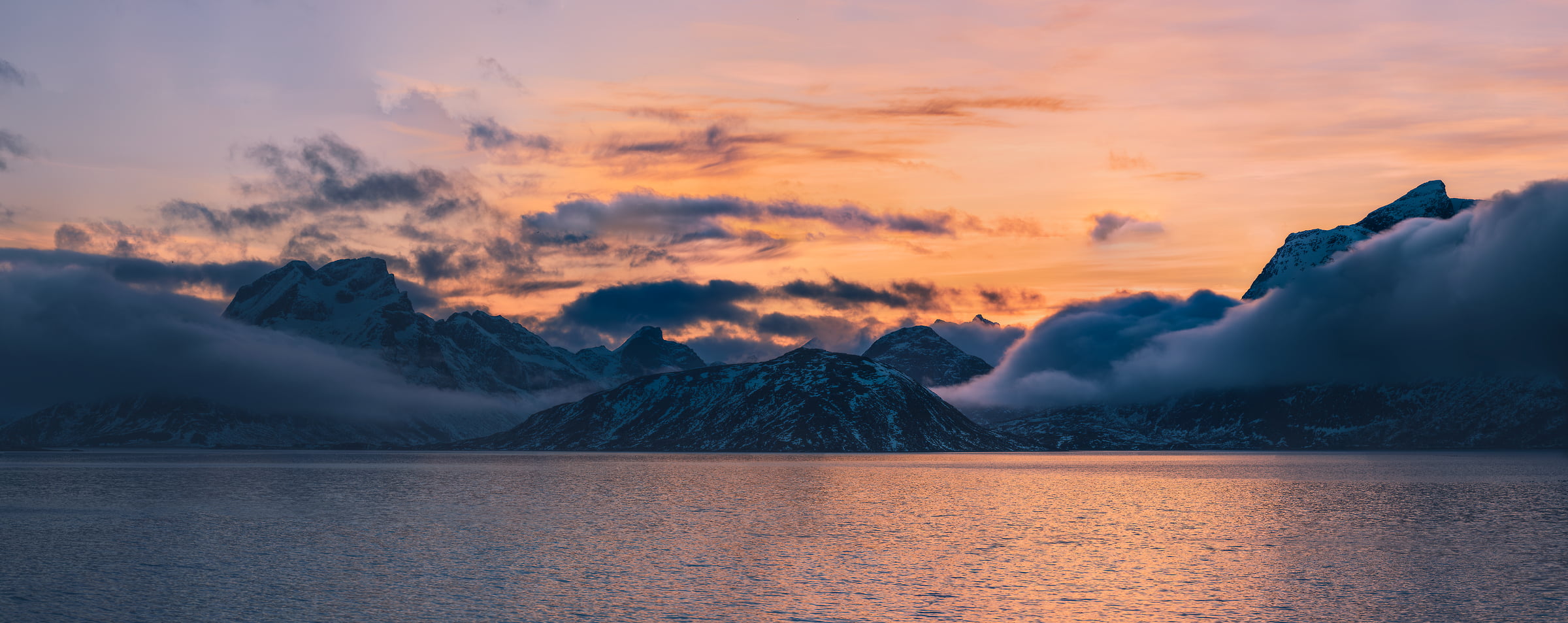 1,497 megapixels! A very high resolution, large-format VAST photo print of a Norway landscape with water and mountains at sunset; photograph created by Alfred Feil in Flakstadoy, Lofoten, Norway.