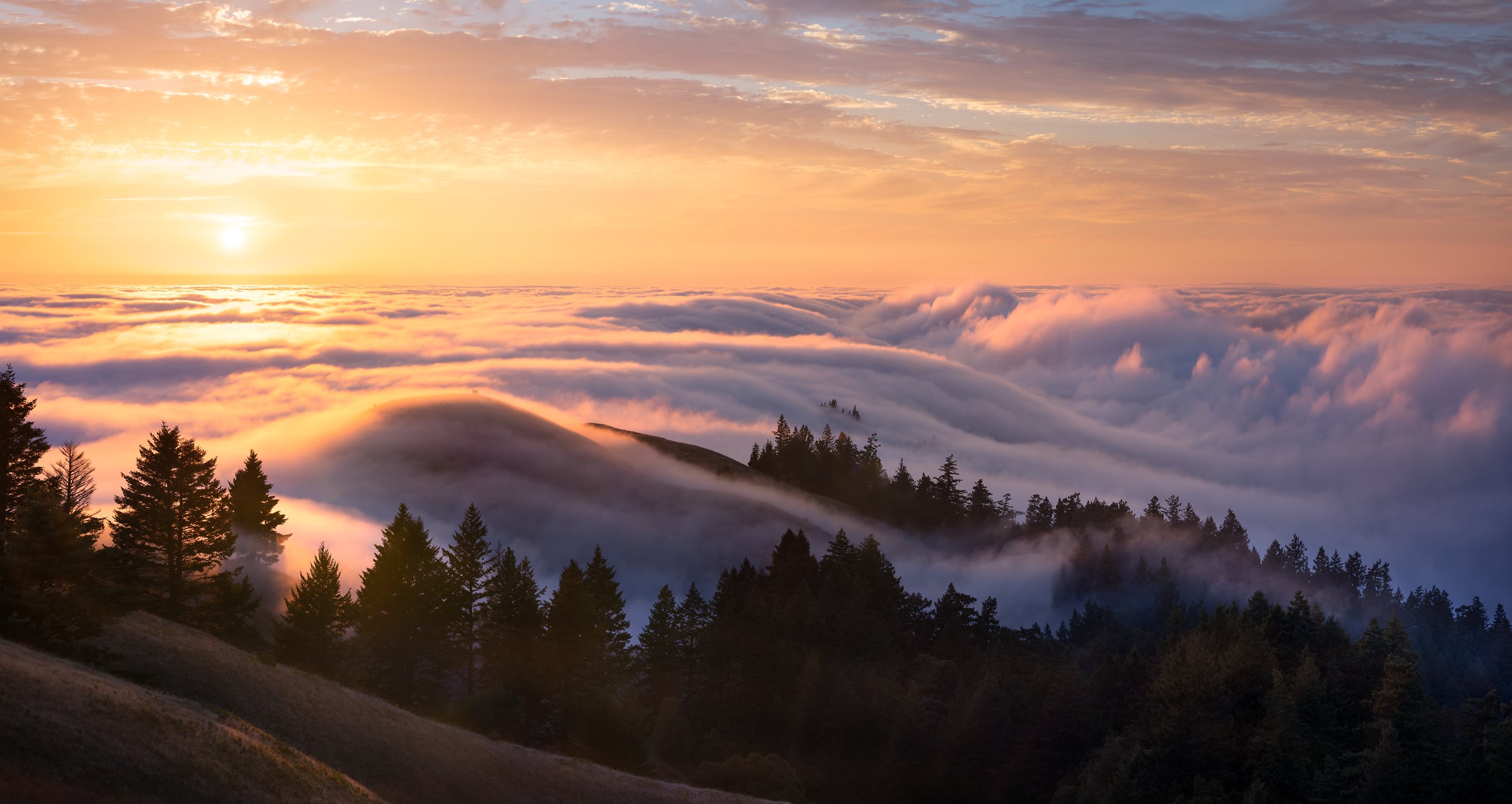 214 megapixels! A very high resolution, large-format VAST photo print of a sunset scene above clouds on top of a mountain; landscape photograph created by Jeff Lewis in Mt. Tamalpais, Marin County, California.