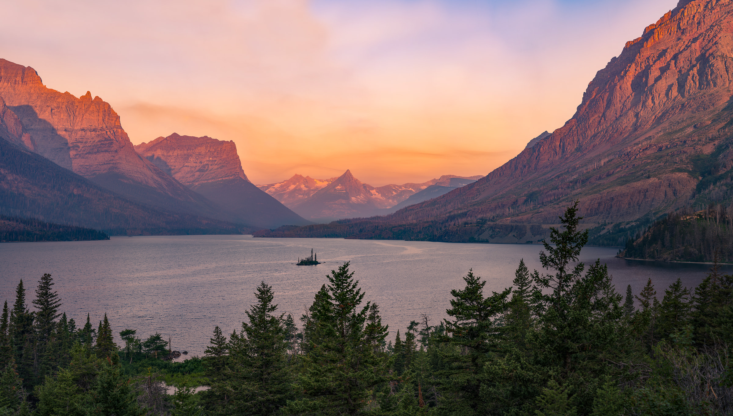 713 megapixels! A very high resolution, large-format VAST photo print of a lake and mountains at sunrise; wallpaper landscape photograph created by Chris Blake in Glacier National Park, Montana