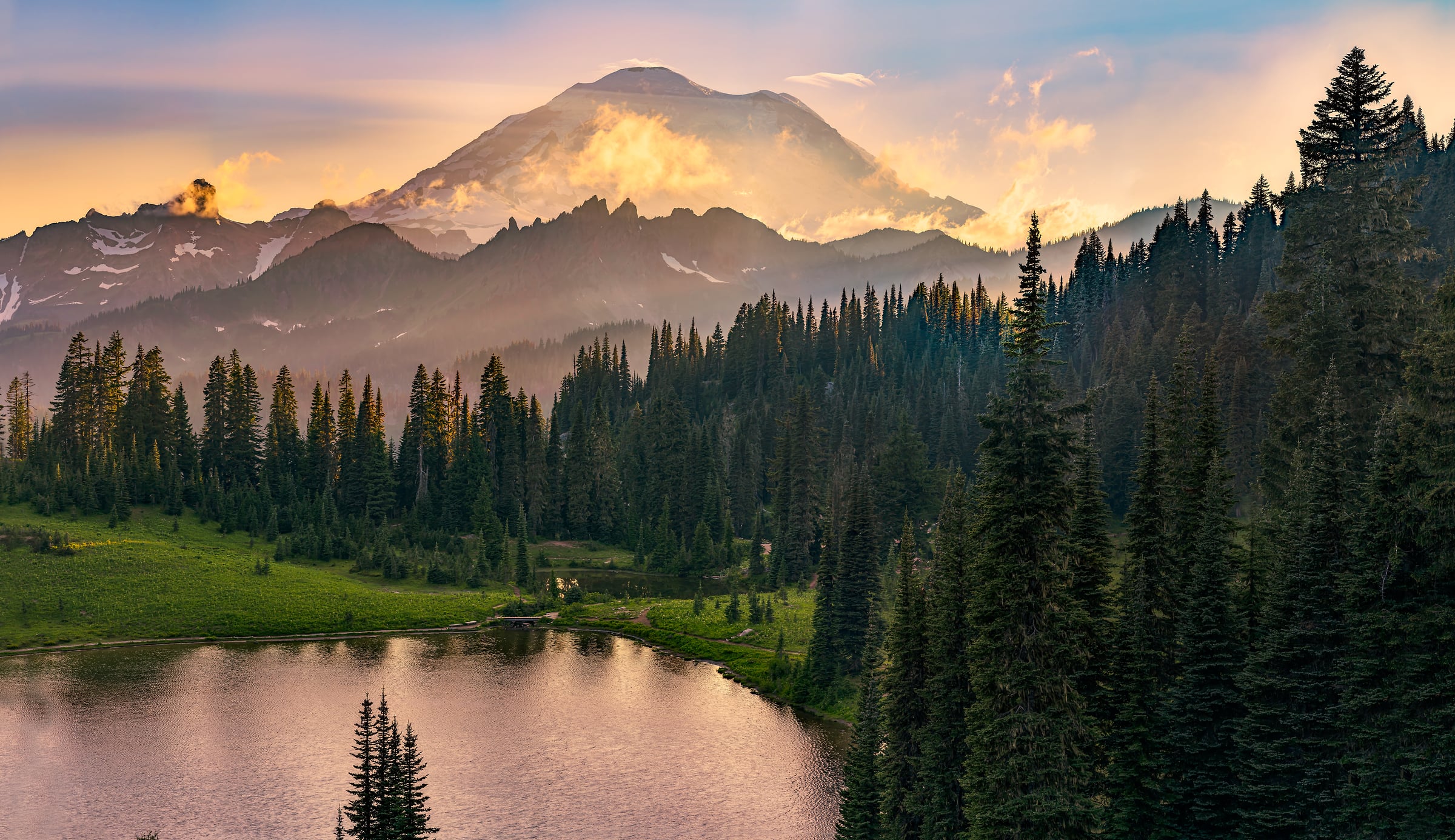349 megapixels! A very high resolution, large-format VAST photo print of Mt Rainier at sunset with Tipsoo lake in the foreground; landscape photograph created by Chris Blake in Tipsoo Lake, Mount Rainier National Park, Washington