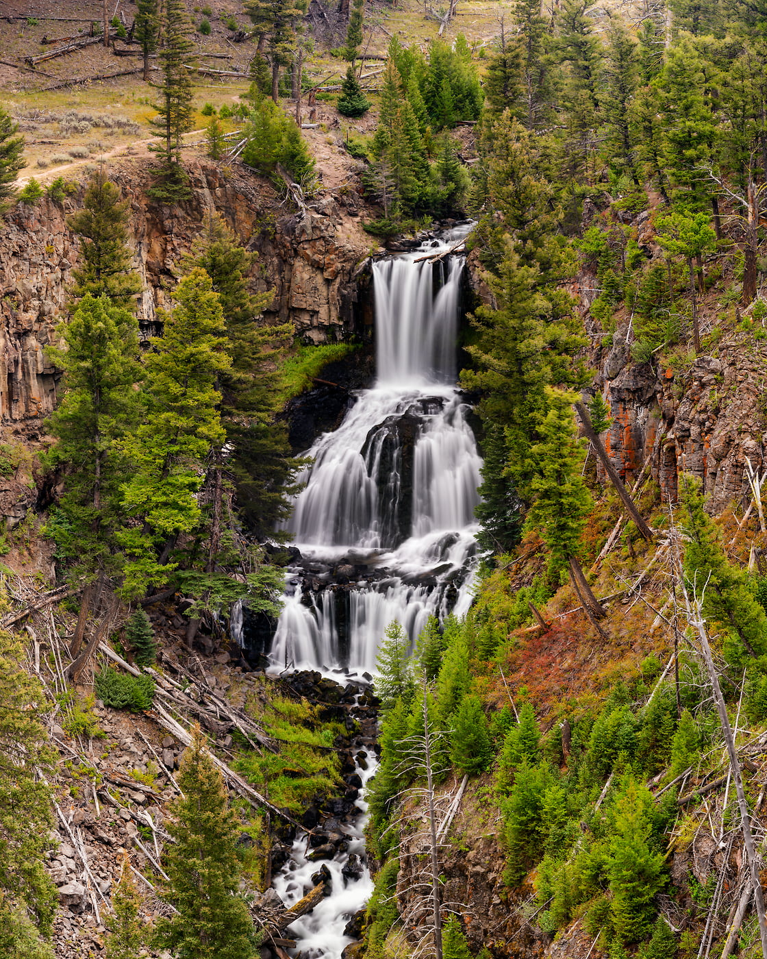 333 megapixels! A very high resolution, large-format VAST photo print of a waterfall in Yellowstone; photograph created by Phillip Noll in Yellowstone National Park, Wyoming.