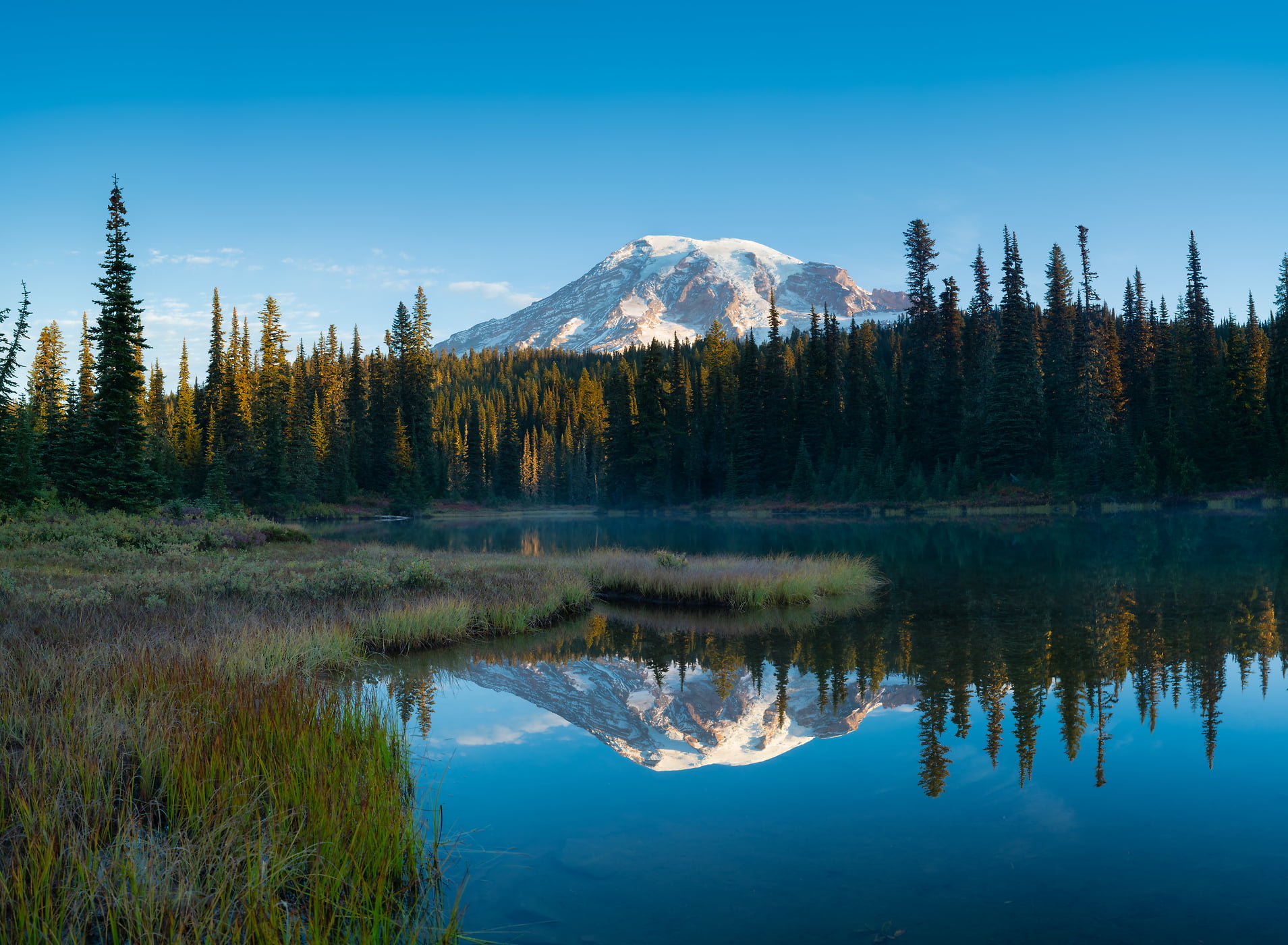 312 megapixels! A very high resolution, large-format VAST photo print of a mountain reflected in a lake; landscape photograph created by Greg Probst at Reflection Lake in Mount Rainier National Park, Washington
