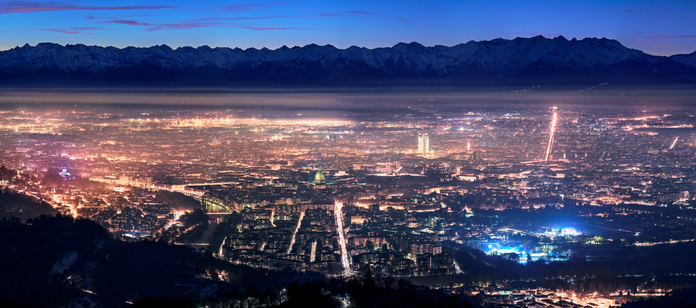 613 megapixels! A very high resolution, large-format VAST photo print of Turin, Italy at night; photograph created by Duilio Fiorille in Turin, Piedmont, Italy