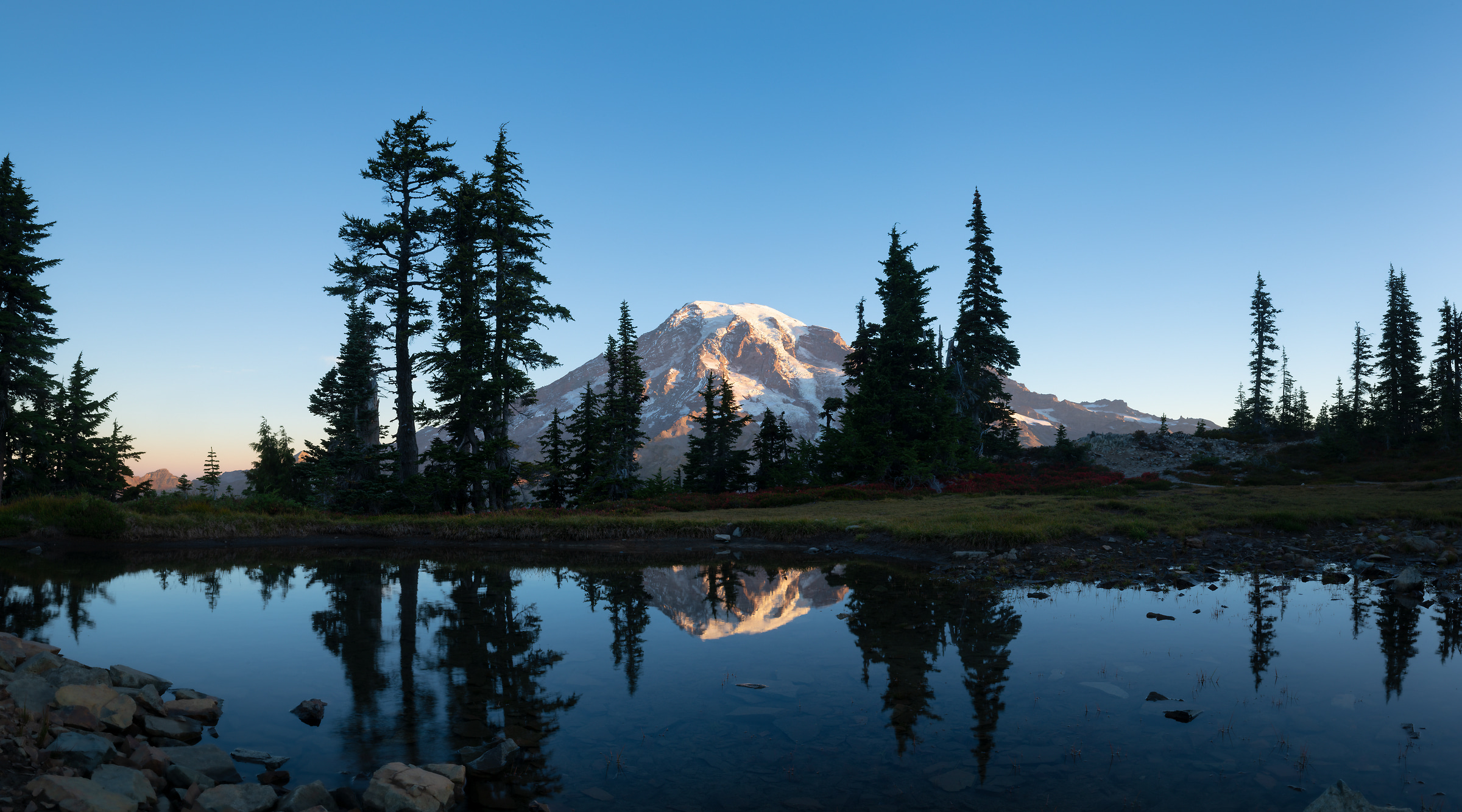 171 megapixels! A very high resolution, large-format VAST photo print of Mt. Rainier and a lake; landscape photograph created by Greg Probst in Mt. Rainier National Park, Washington.