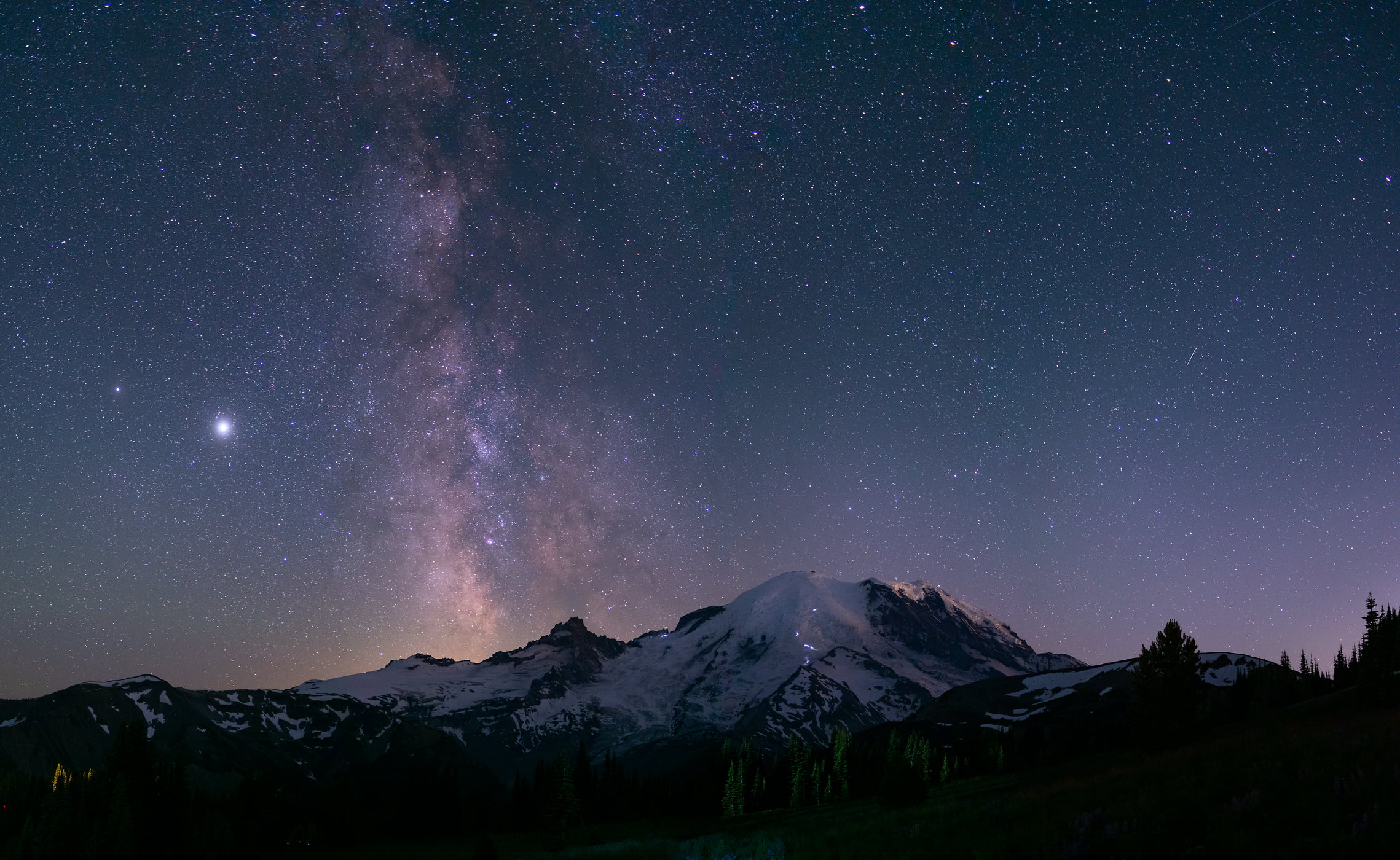 157 megapixels! A very high resolution, large-format VAST photo print of Mt. Rainier at night with the Milky Way; landscape astrophotograph created by Greg Probst in Mt. Rainier National Park, Washington