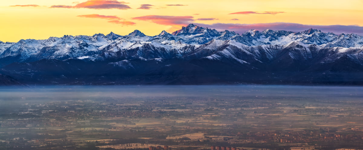 220 megapixels! A very high resolution, large-format VAST photo print of the alps at sunset; landscape photograph created by Duilio Fiorille in Turin Superga Hill, Piedmont, Italy.