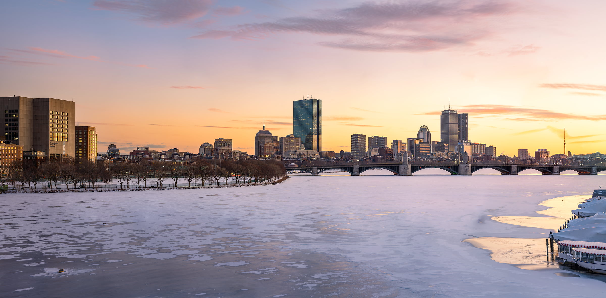 1,159 megapixels! A very high resolution, large-format VAST photo print of the Boston skyline at sunset in winter with the Charles River frozen; cityscape photograph created by Chris Blake in Boston, Massachusetts