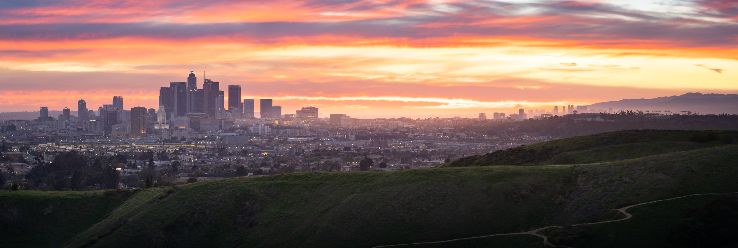 349 megapixels! A very high resolution, large-format panorama photo of the Los Angeles skyline at sunset; cityscape photograph created by Jeff Lewis in Los Angeles, California