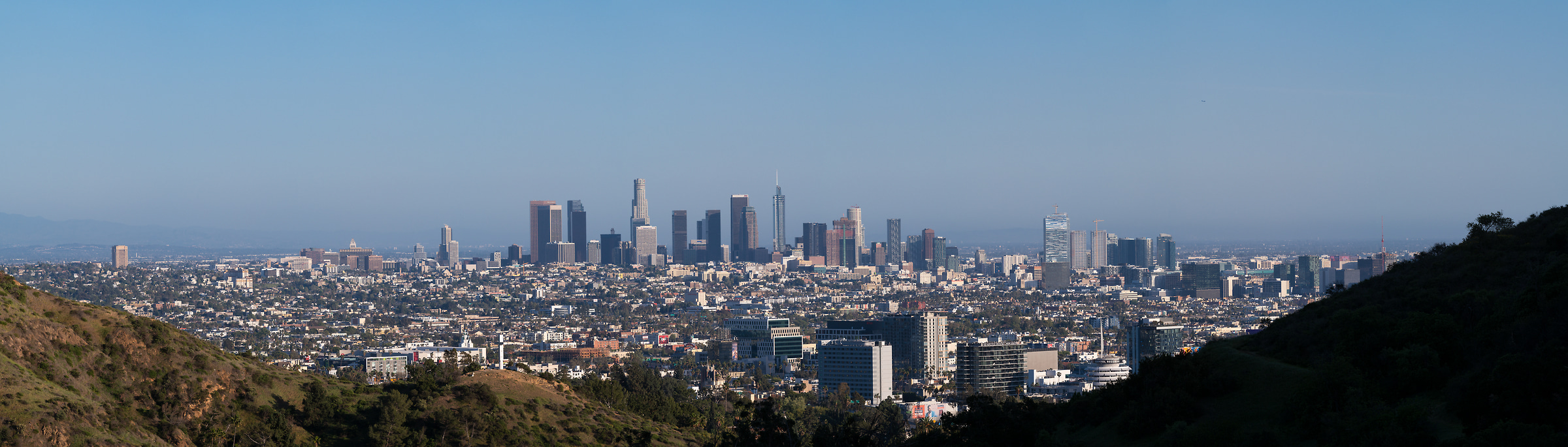 389 megapixels! A very high resolution, large-format panorama wallpaper photo of the Los Angeles skyline; photograph created by Greg Probst in Hollywood Hills, Los Angeles, California.