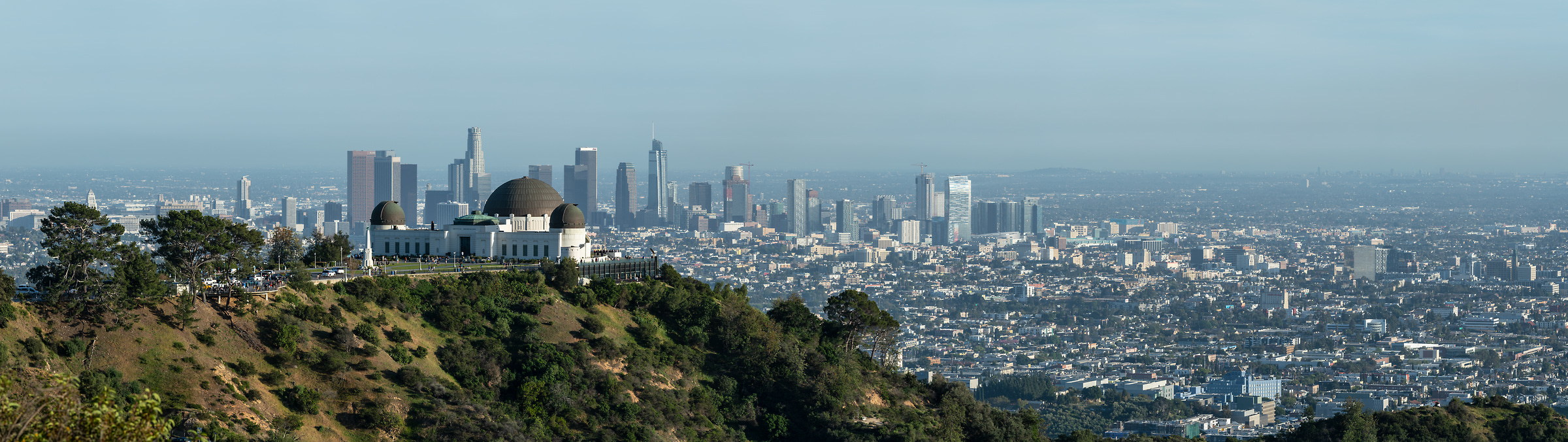 427 megapixels! A very high resolution, large-format VAST photo print of Griffith Observatory in front of the Los Angeles skyline; panorama photograph created by Greg Probst in Griffith Park, Los Angeles