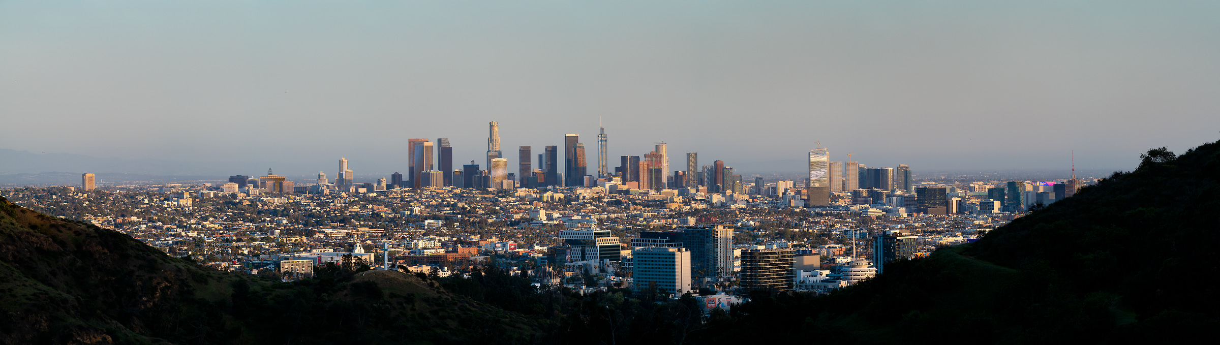 413 megapixels! A very high resolution, large-format panorama photo print of the Downtown Los Angeles skyline at sunset; cityscape photograph created by Greg Probst in Los Angeles, California.