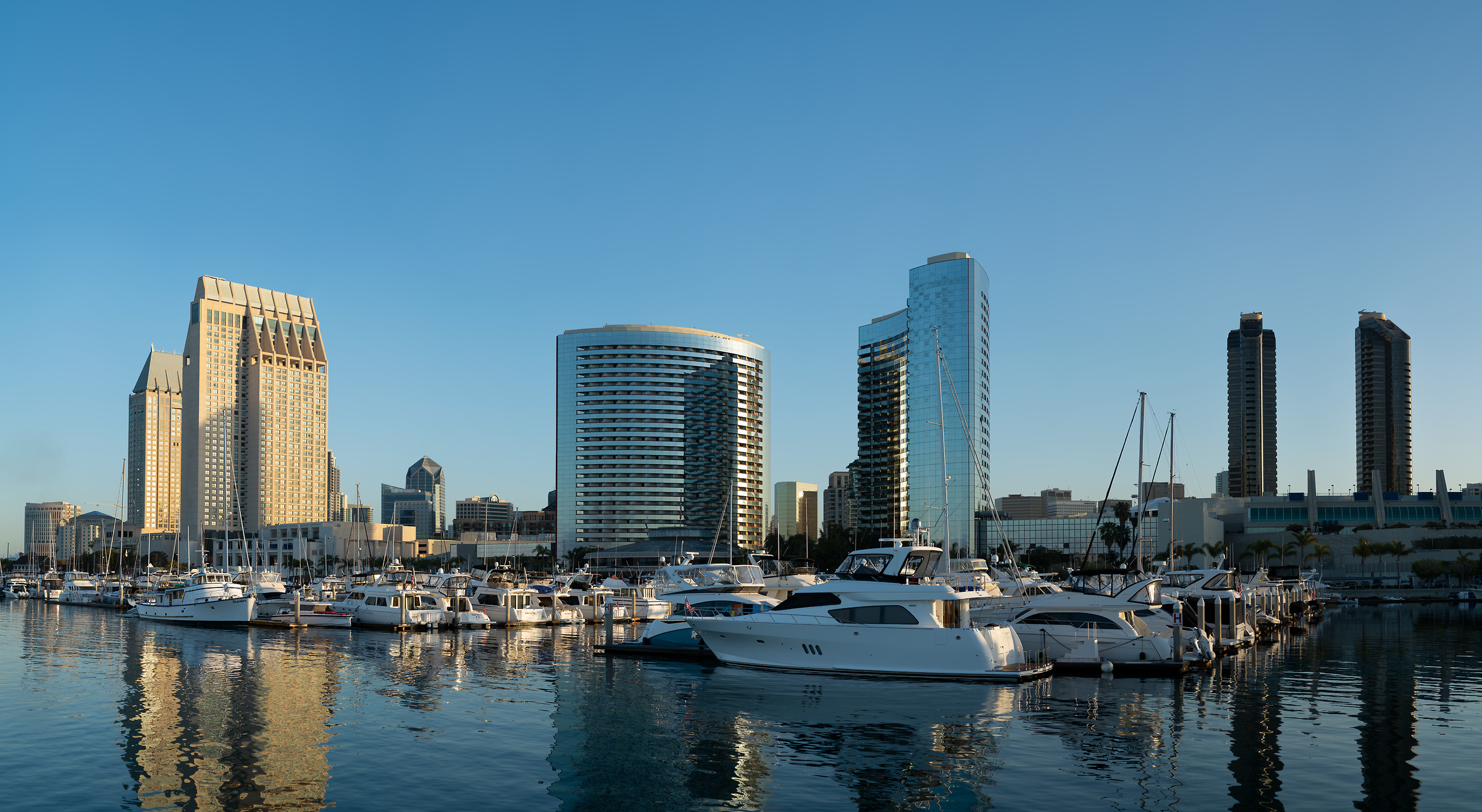 498 megapixels! A very high resolution, large-format VAST photo print of Embarcadero Marina in the morning with boats and the San Diego skyline; photograph created by Greg Probst in Embarcadero Marina, San Diego, California.