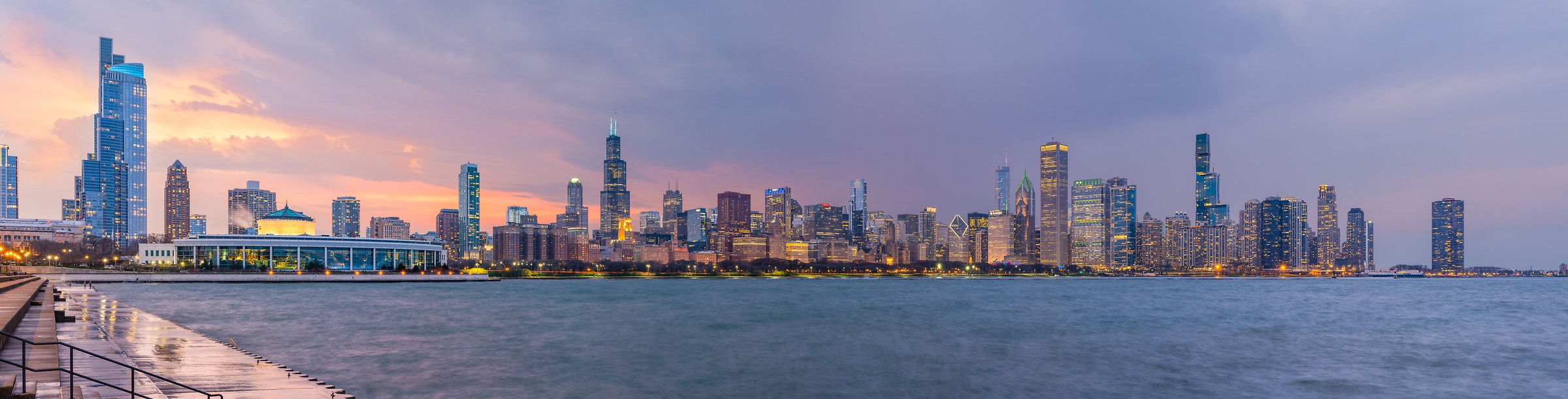 813 megapixels! A very high resolution, large-format VAST photo print of the Chicago skyline at sunset; cityscape photograph created by Chris Blake in Chicago, Illinois