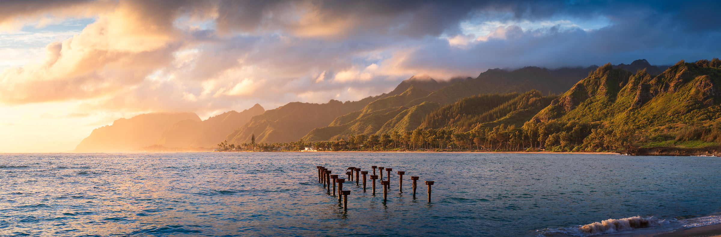 293 megapixels! A very high resolution, large-format VAST photo print of paradise - a Hawaii landscape at sunset with the ocean and mountains; landscape photograph created by Jeff Lewis in Laie, Hawaii.