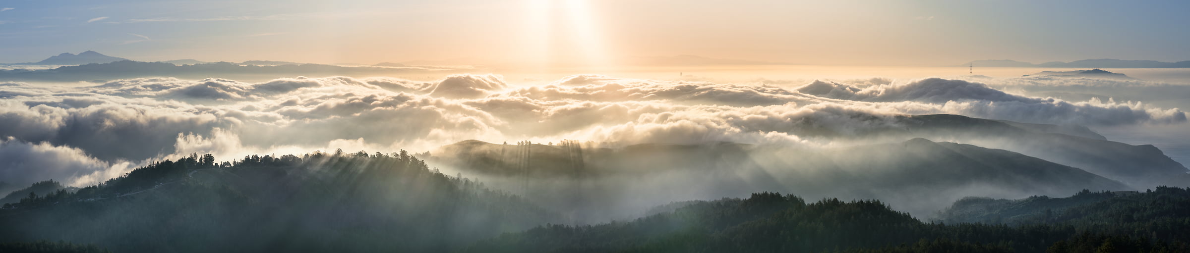 476 megapixels! A very big, high resolution, large-format VAST photo print of a sunrise over mountains and clouds; panorama photograph created by Jeff Lewis in Marin County, California
