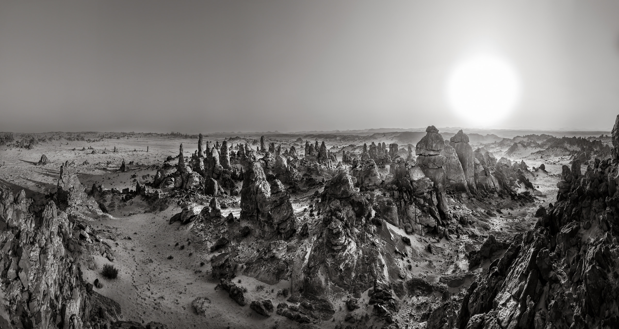 306 megapixels! A very high resolution, large-format VAST photo print of a desolate desert landscape in black and white; fine art landscape photograph created by Peter Rodger in Al Ula, Saudi Arabia.