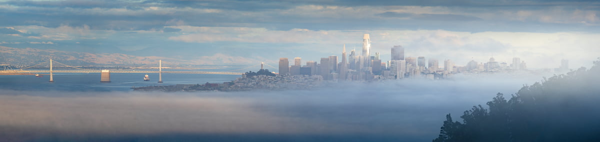 156 megapixels! A very high resolution, large-format VAST photo print of the San Francisco skyline with fog; cityscape photograph created by Jeff Lewis in San Francisco, California.