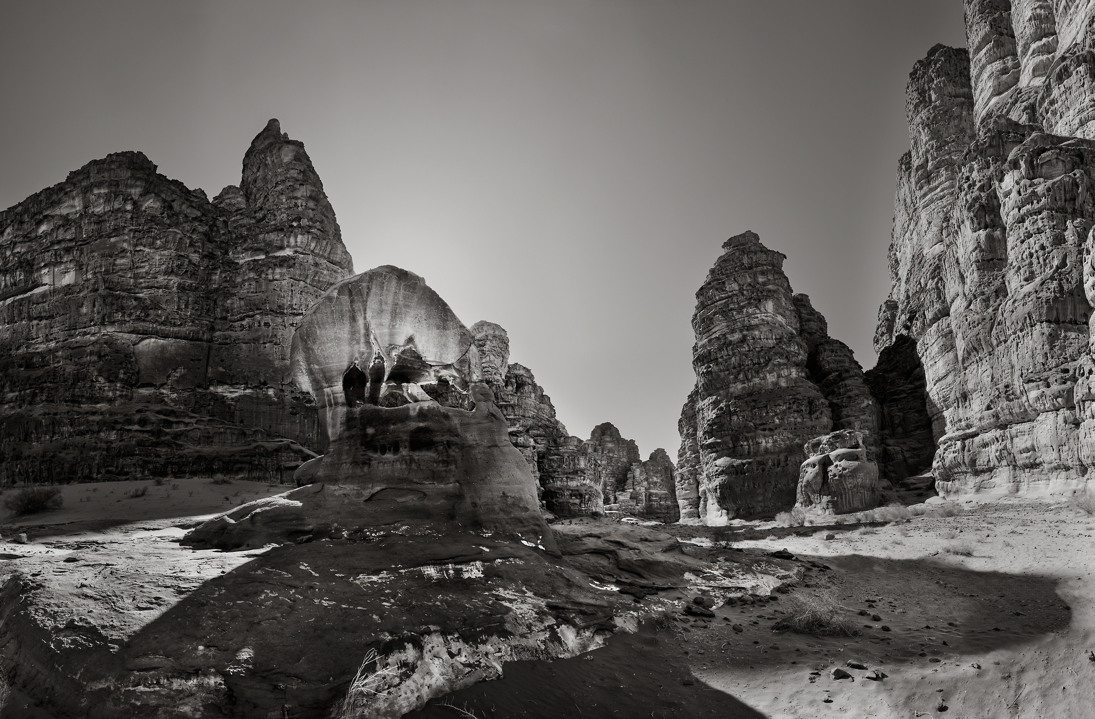 484 megapixels! A very high resolution, large-format VAST photo print of unique rock formations in the desert; black & white fine art photograph created by Peter Rodger in Tabuk, Saudi Arabia.