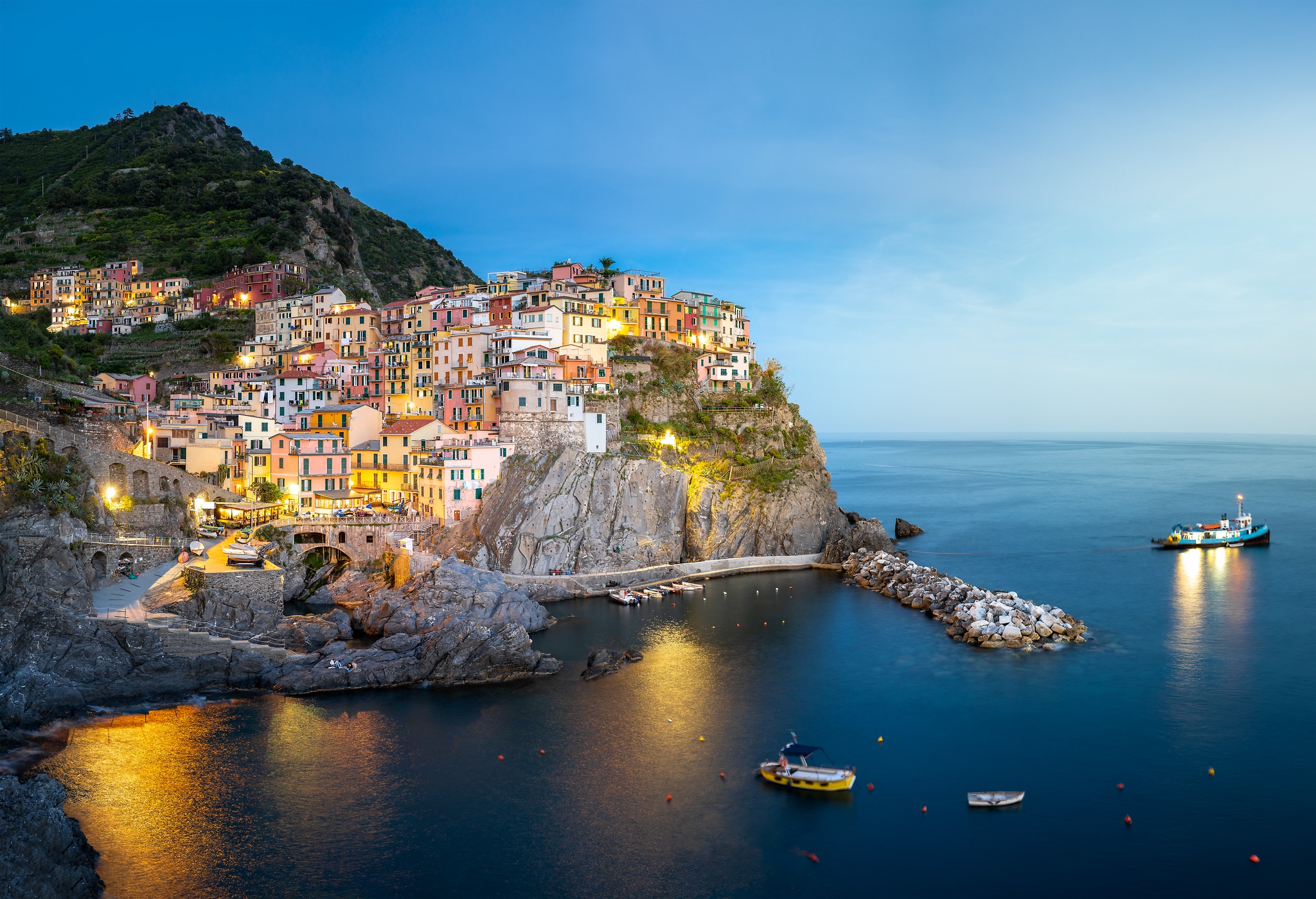 352 megapixels! A very high resolution, large-format art photo print of the coast of Italy at dusk with houses on rocky cliffs next to the Mediterranean Sea; seascape photograph created by Justin Katz in Manarola, Cinque Terre, Italy.