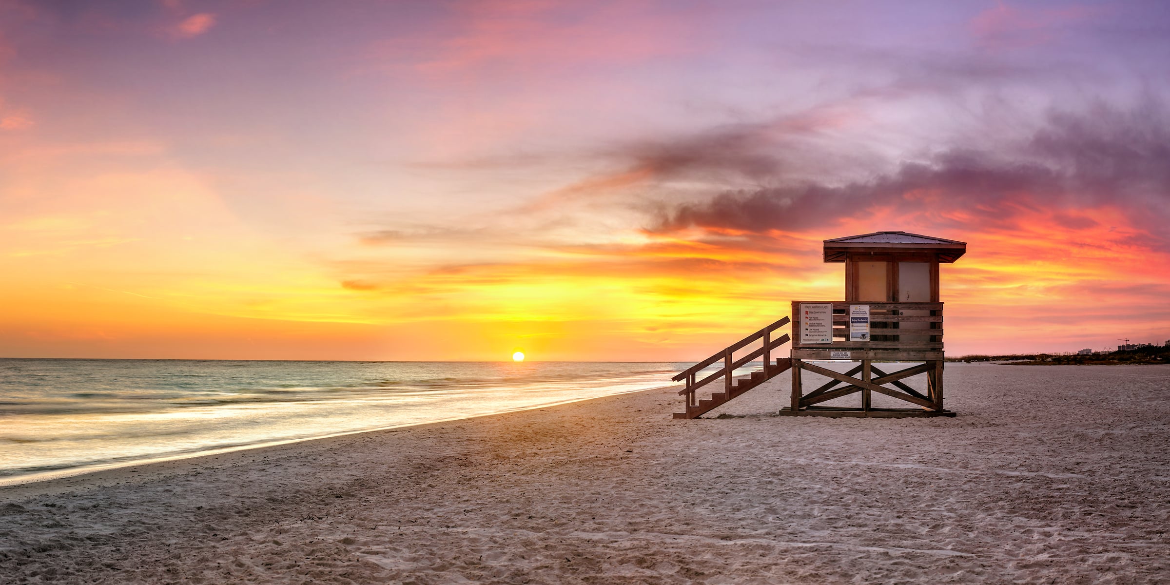 218 megapixels! A very high resolution, large-format VAST photo print of a Florida beach at sunset with a lifeguard stand; photograph created by Phil Crawshay in Lido Beach, Sarasota, Florida.