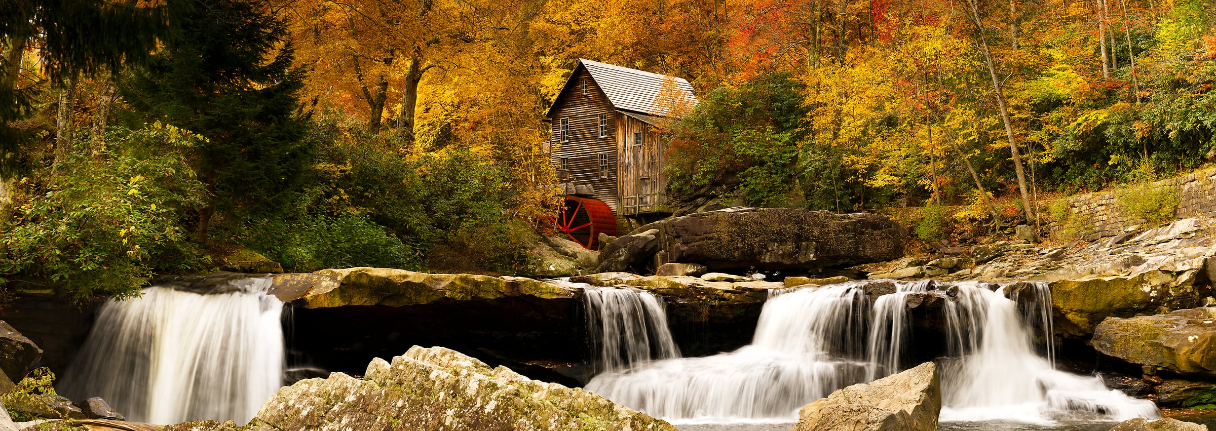 621 megapixels! A very high resolution, large-format VAST photo print of an autumn scene with fall foliage, a watermill, a forest, and waterfalls; landscape nature photograph created by David David at Glade Creek Grist Mill in Babcock State Park, West Virginia.