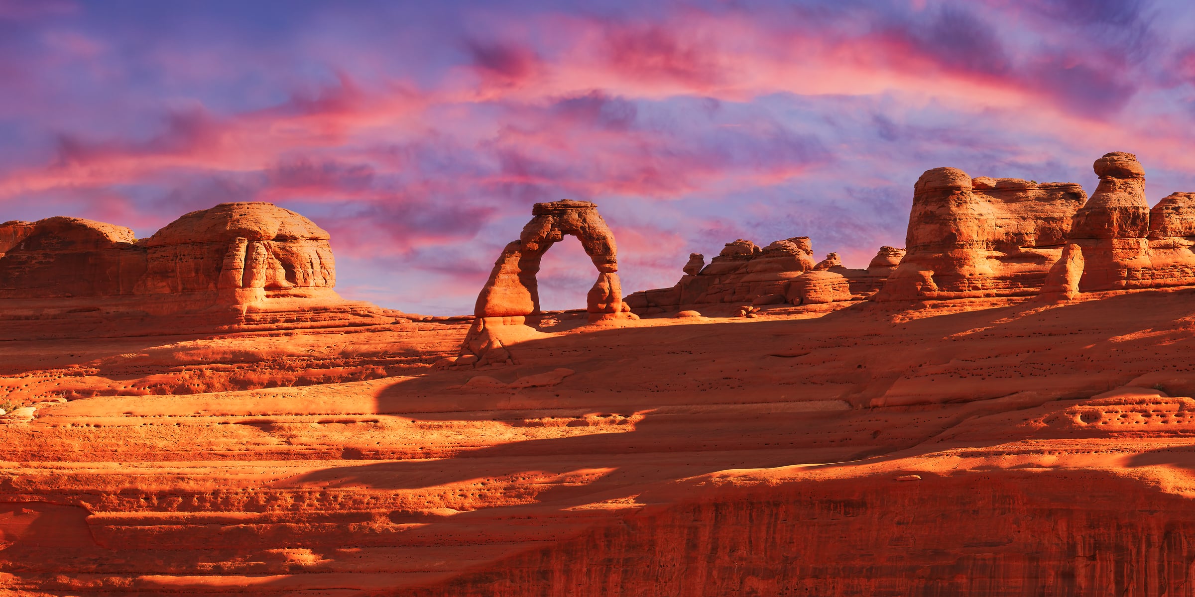 169 megapixels! A very high resolution, large-format VAST photo print of Delicate Arch at sunset in Arches National Park; landscape photograph created by David David in Utah