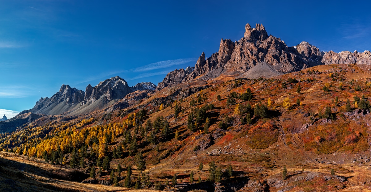 903 megapixels! A very high resolution, large-format VAST photo print of a brown landscape with autumn trees and mountains; photograph created by Duilio Fiorille in L'Arisan, Névache, France.