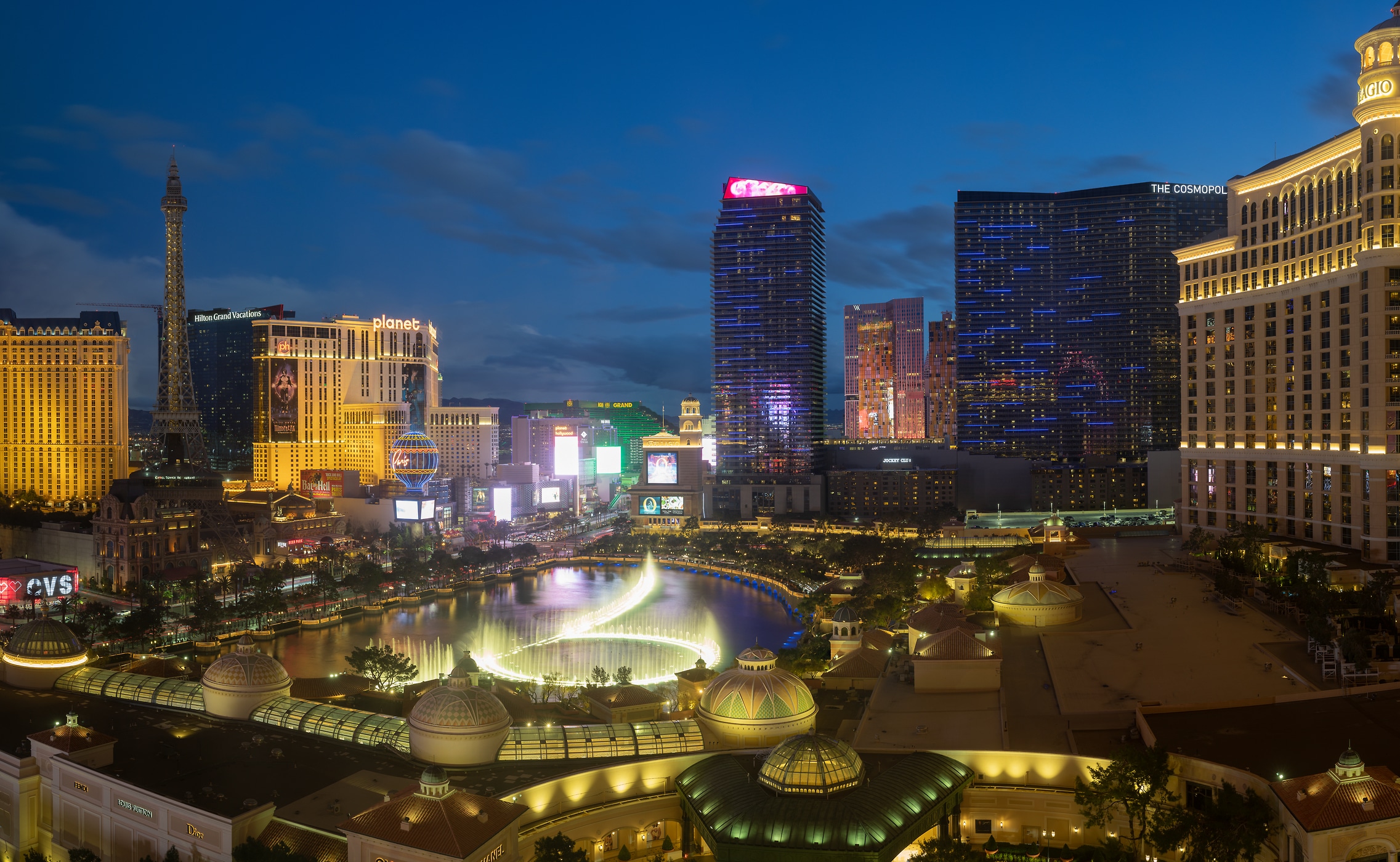 444 megapixels! A very high resolution, large-format VAST photo print of Las Vegas with the Bellagio fountains at night; cityscape photograph created by Greg Probst in Las Vegas, Nevada, USA.