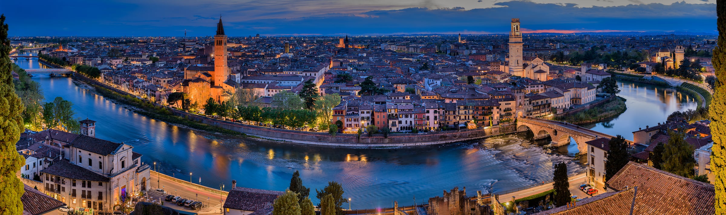 640 megapixels! A very high resolution, panorama photo of Verona, Italy at dusk with the Adige River and scenic landmarks; cityscape photograph created by Alfred Feil in Ponte Pietro, Verona, Veneto, Italy.