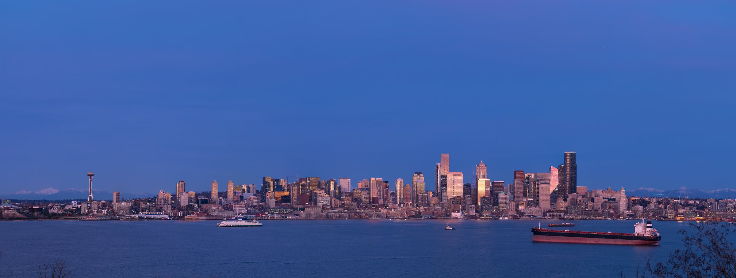 284 megapixels! A very high resolution, large-format VAST photo print of the Seattle skyline at sunset with Elliott Bay in the foreground; cityscape photograph created by Greg Probst in Seattle, Washington.
