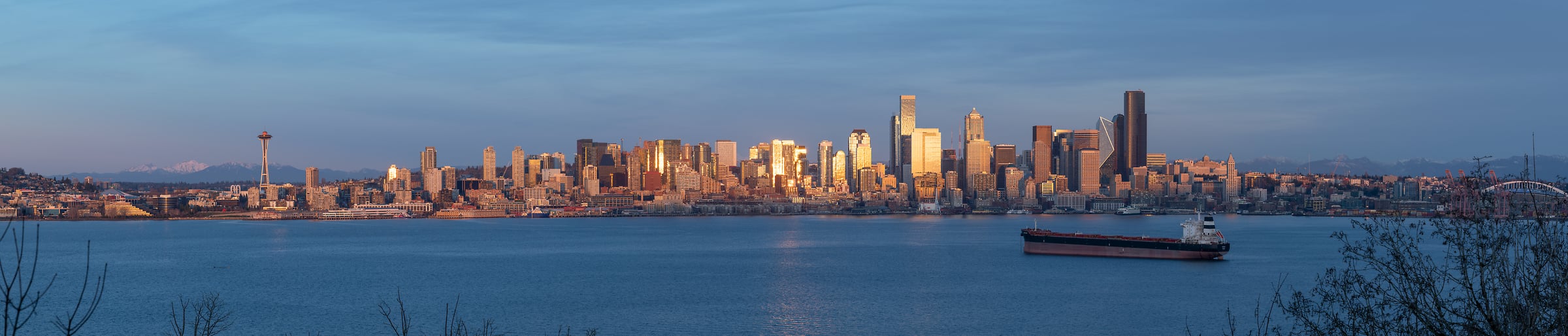 193 megapixels! A very high resolution, large-format panorama photo of the Seattle skyline at sunset with Elliott Bay in the foreground; cityscape photograph created by Greg Probst in Seattle, Washington.
