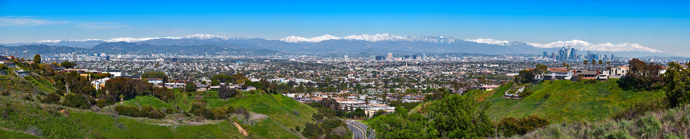 633 megapixels! A very high resolution, large-format VAST photo print of the Los Angeles skyline with snowy mountains in the background; cityscape photograph created by Jim Tarpo in Ladera Heights, California.